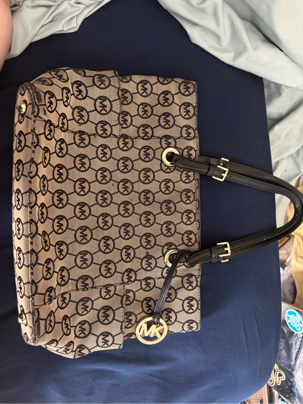 Michael Kors Tan Logo Canvas Tote with Black Leather Handles